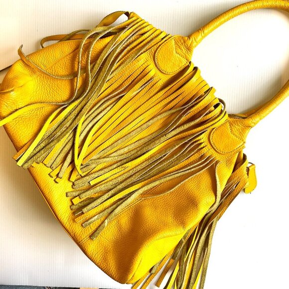 Alberta Di Canio Fringe Shoulder Bag Pebbled Leather Yellow Boho Western Hippie - Picture 5 of 16